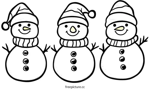 Three Cute Cartoon Snowmen in Hats and Scarves