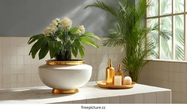 Elegant White Vase with Gold Accents in a Bathroom Setting