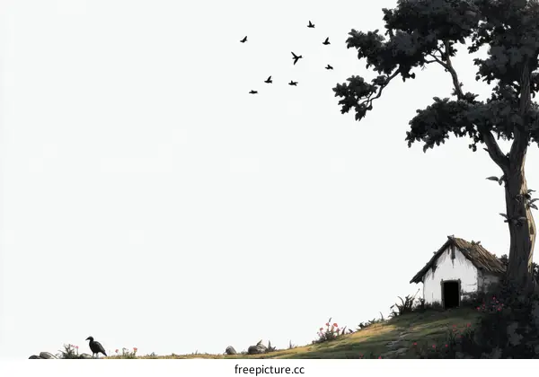 Rural Landscape Illustration with Small House and Birds