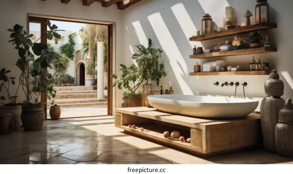 Luxurious Bathroom with Bathtub and Open Courtyard