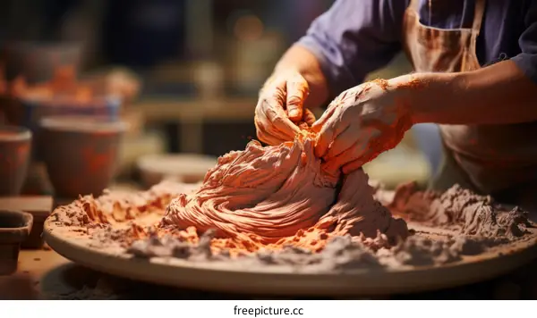 Hands of a potter kneading a lump of clay on a pottery wheel