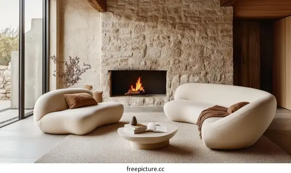 Modern Beige Sectional Sofa in Stone Fireplace Room