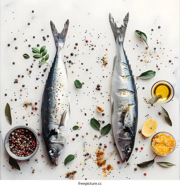 Fresh Fish with Spices on White Background