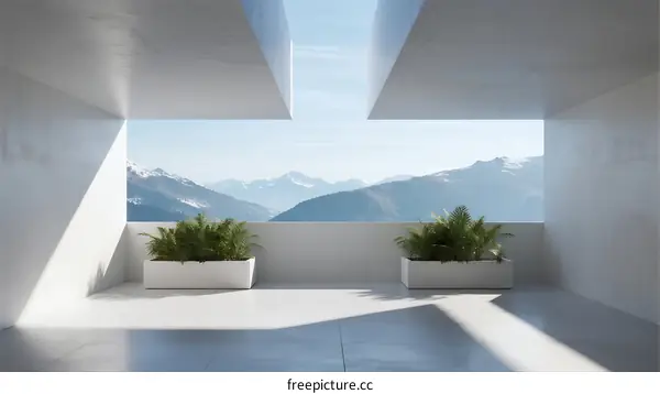 Minimalist Balcony with Stunning Mountain View and Potted Plants