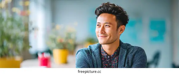Confident Asian Man Posing in Modern Office