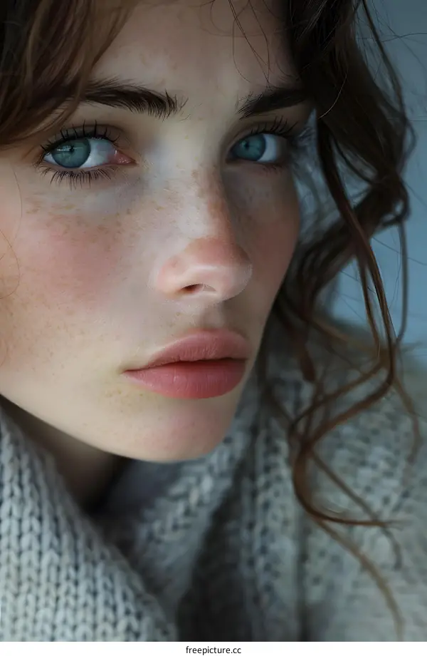 portrait of a young woman with freckles and blue eyes