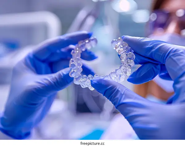 Close-up of dentist holding a clear aligner for teeth