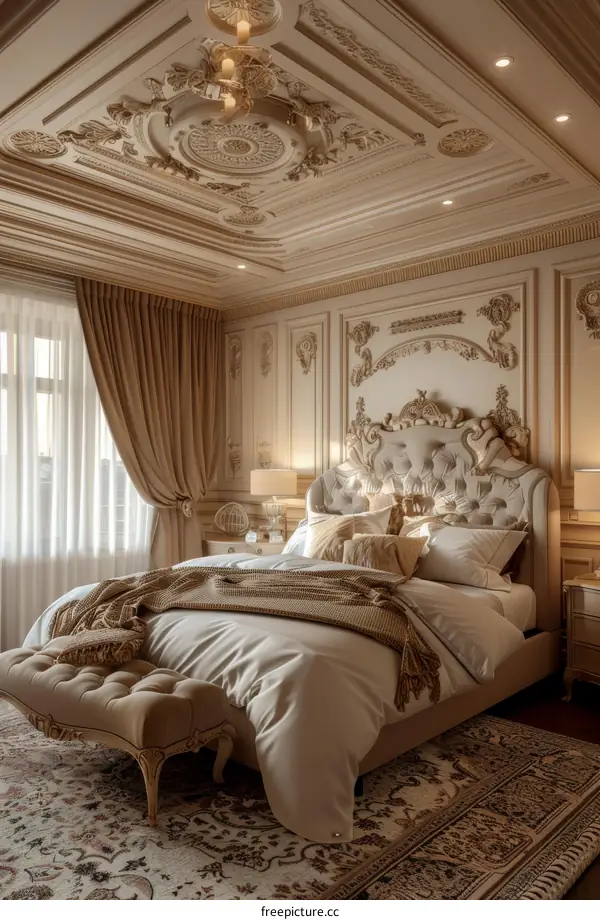 Luxury bedroom interior design with ornate ceiling and bed
