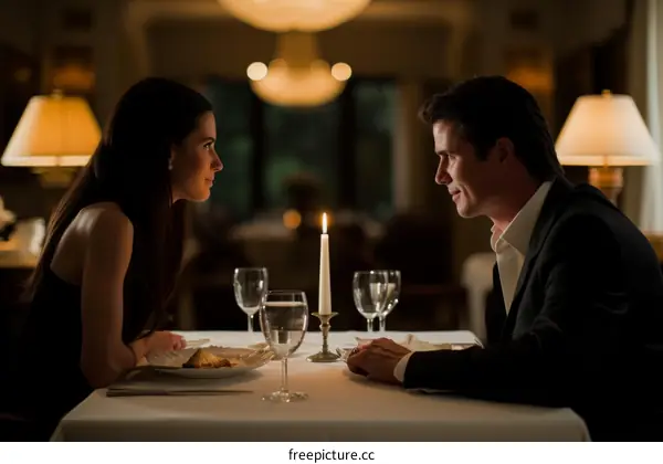 man and woman having romantic dinner at restaurant