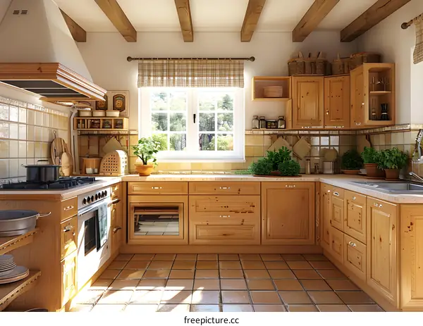 A cozy kitchen with wood cabinets and a large window