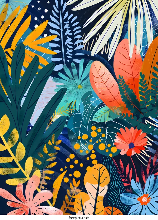 Colorful Abstract Tropical Illustration with  Different Leaves and Flowers
