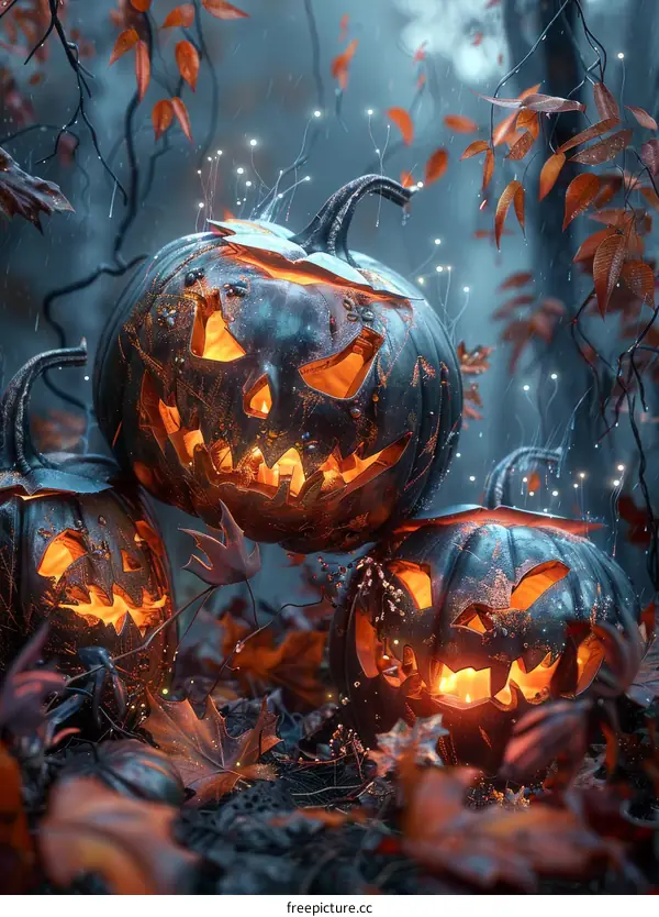 Mystical Glowing Pumpkins in an Autumn Forest