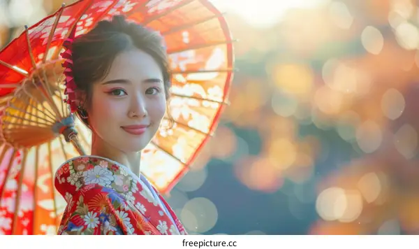 Portrait of a beautiful Japanese woman in traditional kimono holding a red umbrella