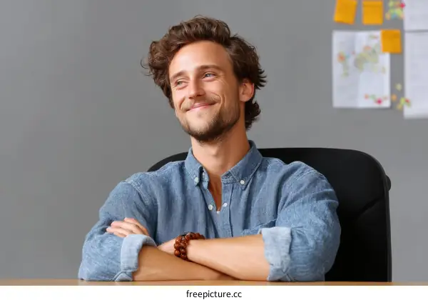 Man Sitting at Desk with Arms Crossed - Casual Business Portrait