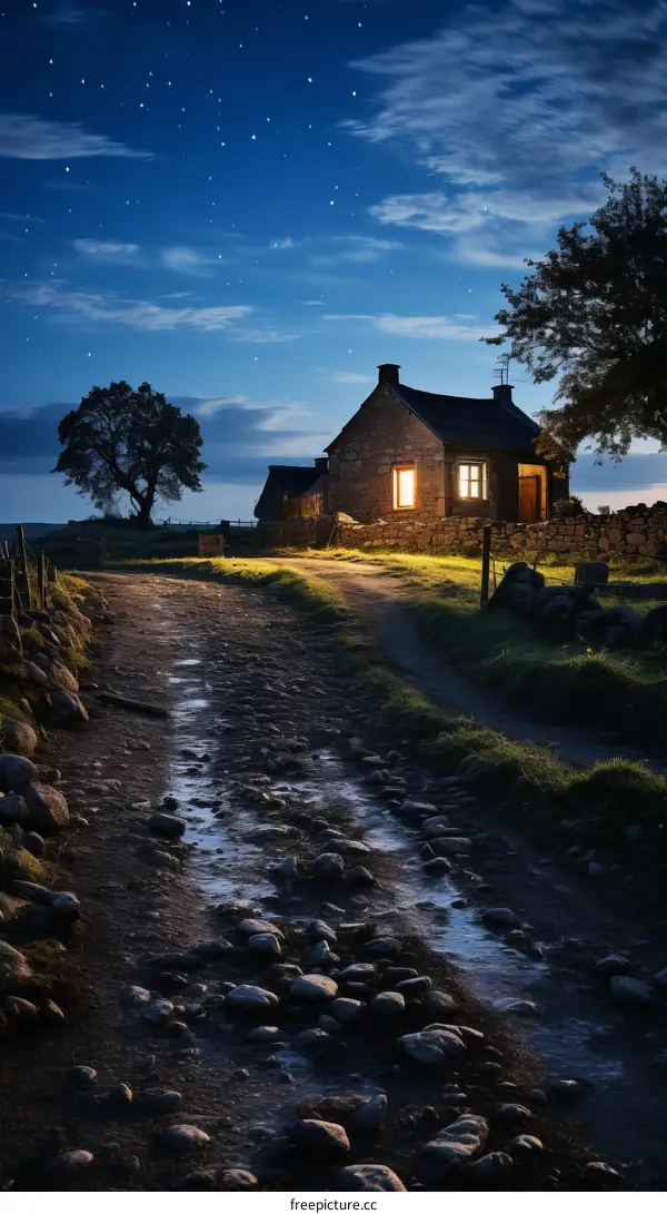 Thatched Cottage in Yorkshire Dales at Dusk