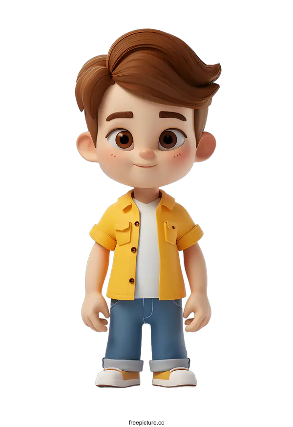 [Transparent Background PNG]A 3D rendering of a young boy with brown hair and brown eyes