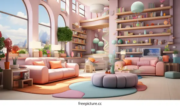 Cozy pink living room interior with large windows and a pink sofa
