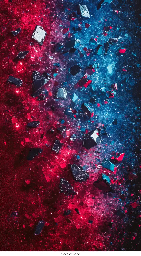 Abstract Shattered Glass Art with Red and Blue Colors