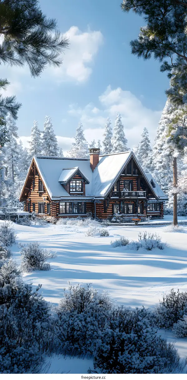 Snow Covered Log Cabin in Winter Forest