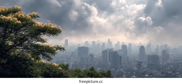 Cityscape View with Cloudy Sky and Trees