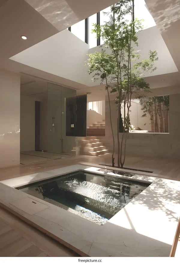 Modern Minimalist Home Interior Design with Skylight and Indoor Pool