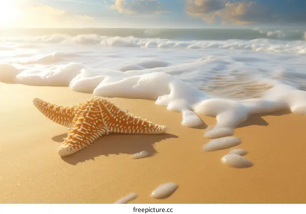 Close-up of a starfish on sand with the ocean in the background