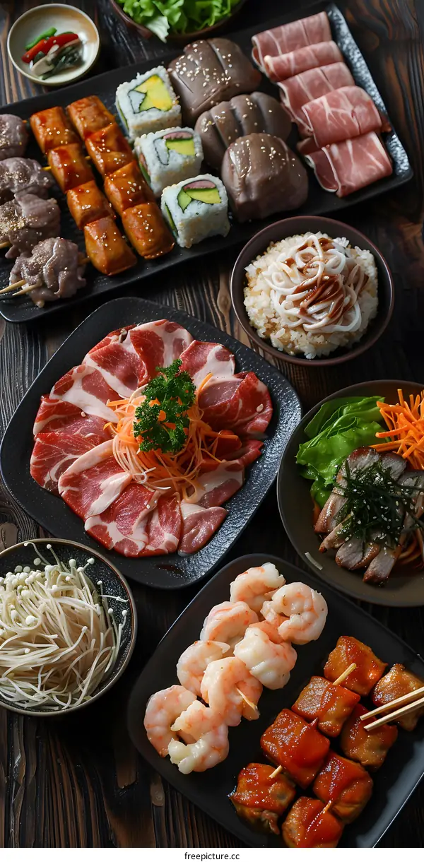 A variety of Japanese food is presented on black plates on a wooden table.