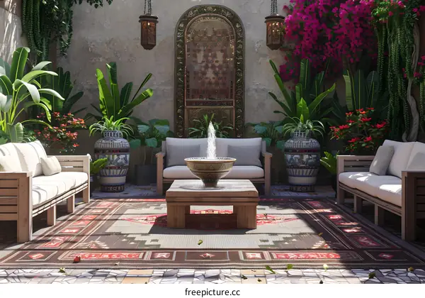 Ornamental Garden Courtyard with Fountain and Seating