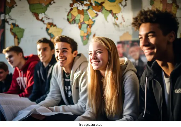 A group of happy students sitting in a classroom