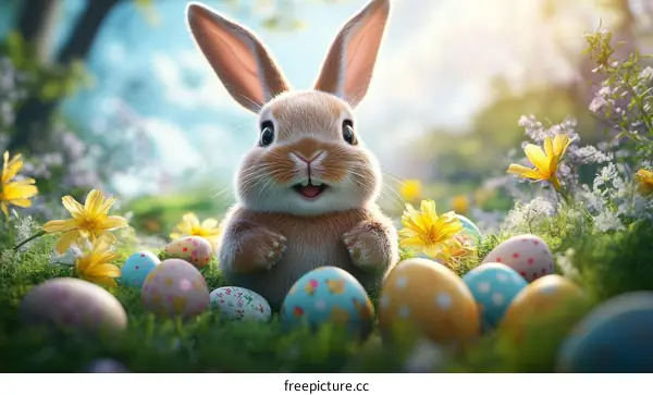 Cute Easter Bunny Surrounded by Colorful Eggs