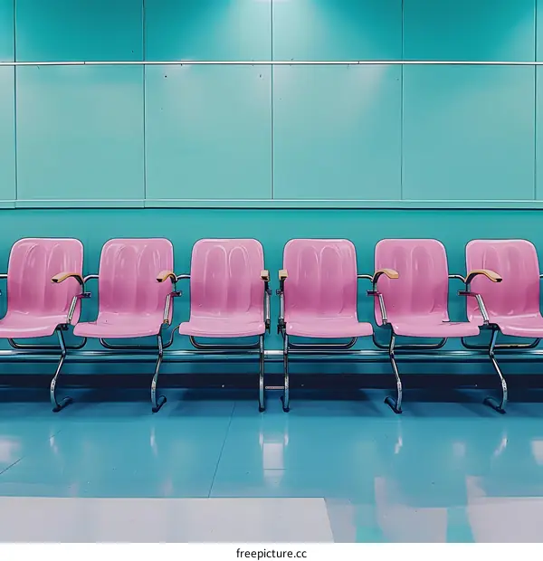 Pink Chairs In A Row Against A Turquoise Wall