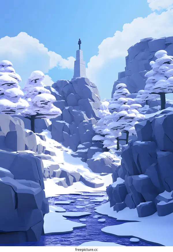 Low Poly Mountain Landscape with Snowy Trees and River