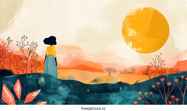 Woman Standing In A Colorful Landscape With The Sun
