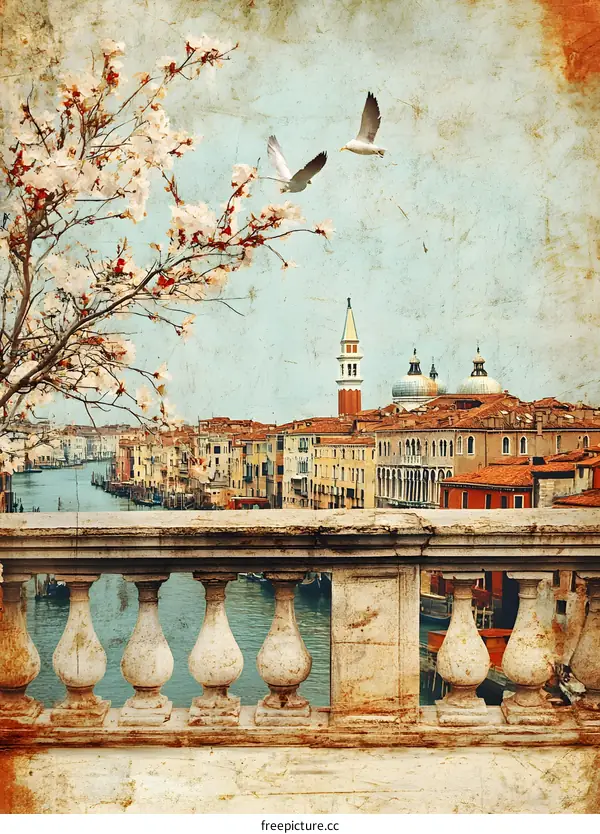 Vintage View of Venice Italy with Blossom Tree and Birds