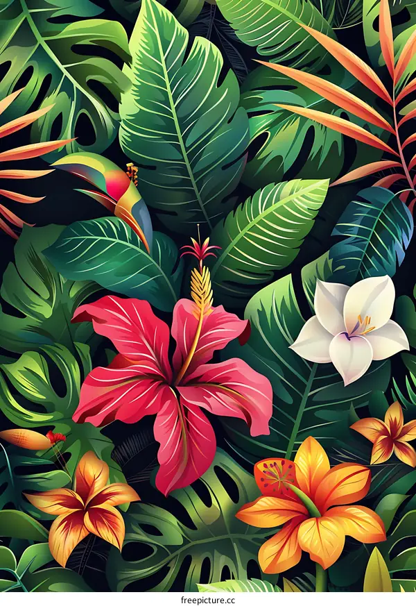 Tropical Floral Pattern With Green Leaves