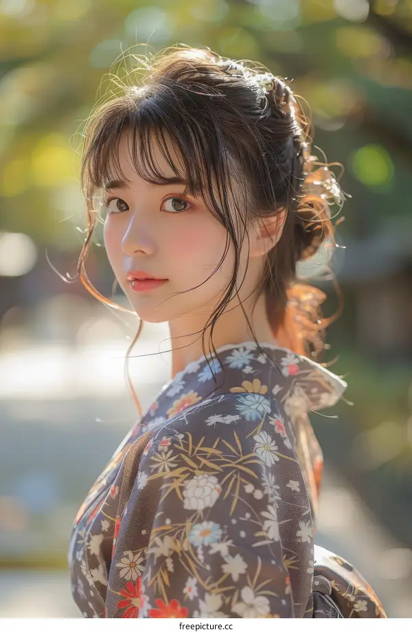 Asian Woman in Traditional Kimono in Outdoor Setting