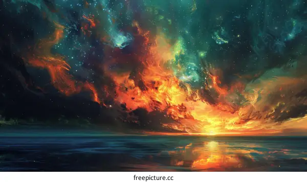 Fantasy Landscape with Blazing Sunset and Starlit Sky