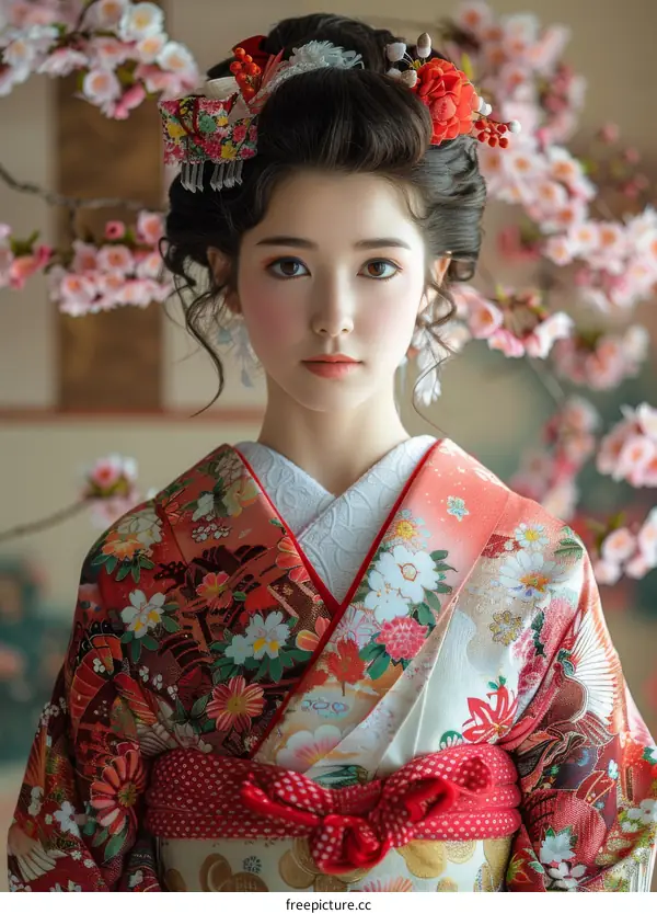 Portrait of a beautiful Japanese woman in traditional kimono