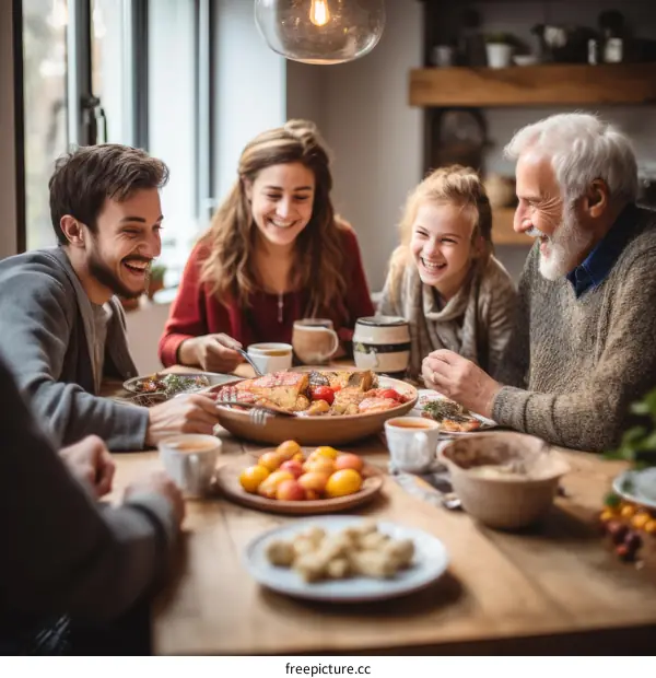 Family of four having dinner at a wooden table