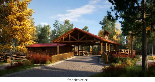 Autumn Forest Cabin with Wooden Covered Walkway