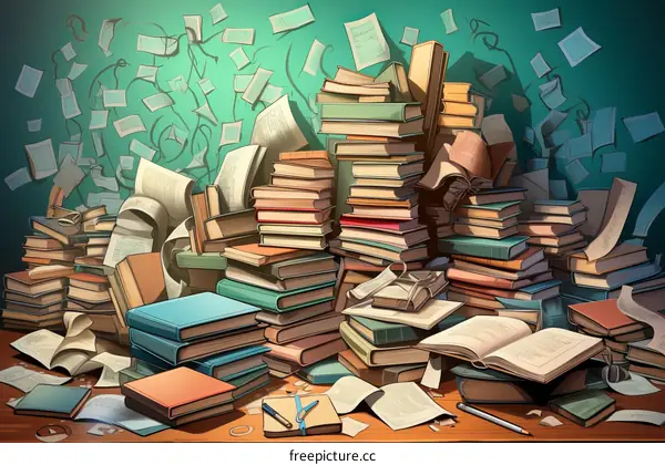 Messy Stack of Books and Papers on a Wooden Table against a Green Background