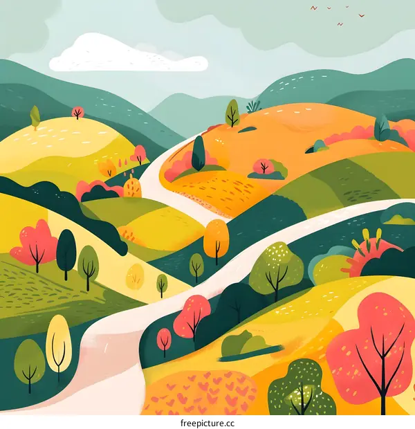 Colorful Landscape Illustration With Winding Road
