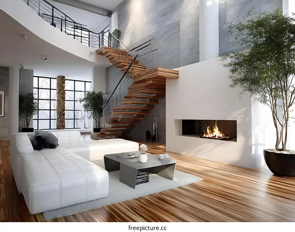 Modern Loft Living Room with Fireplace and Wood Staircase