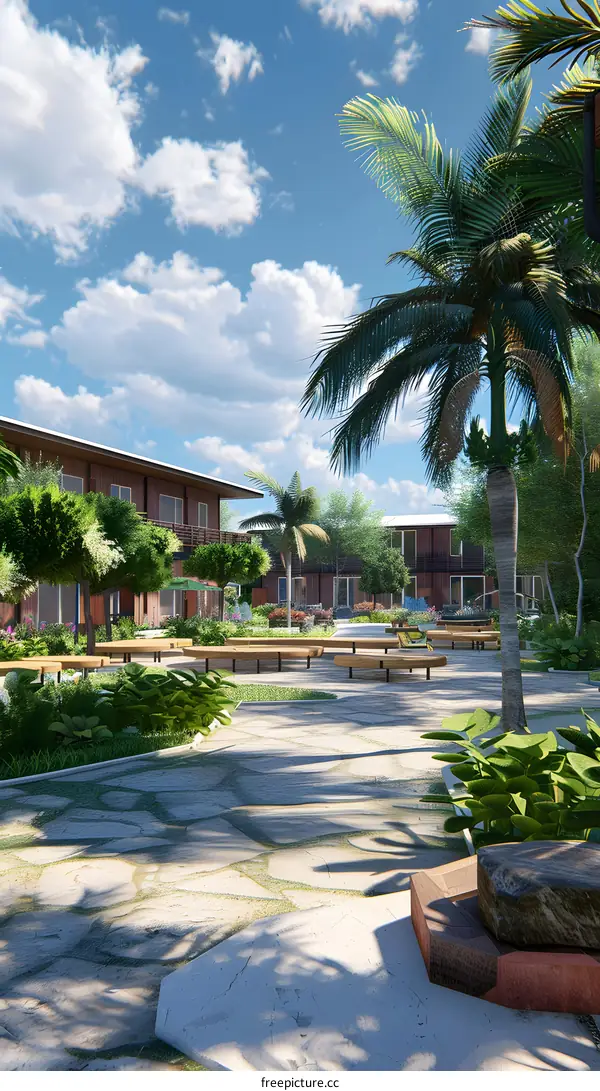 Tropical Courtyard Design With Palm Trees and Stone Path