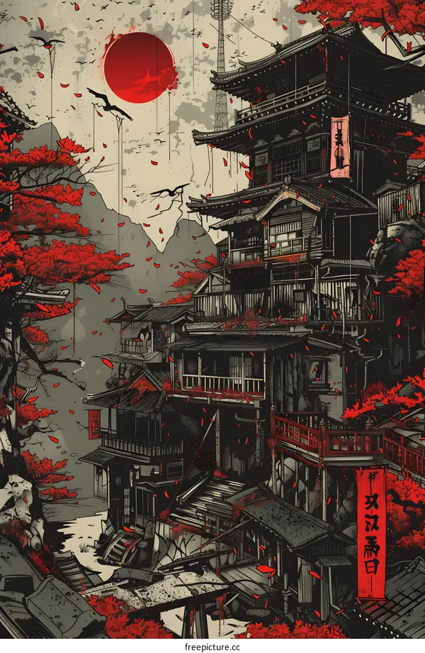 Japanese Style Building Illustration with Red Sun and Falling Leaves