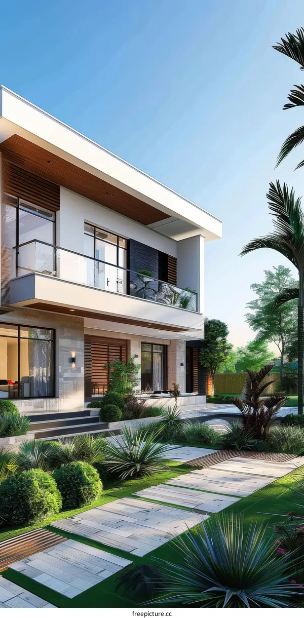 Modern Villa Exterior Design with Lush Landscaping