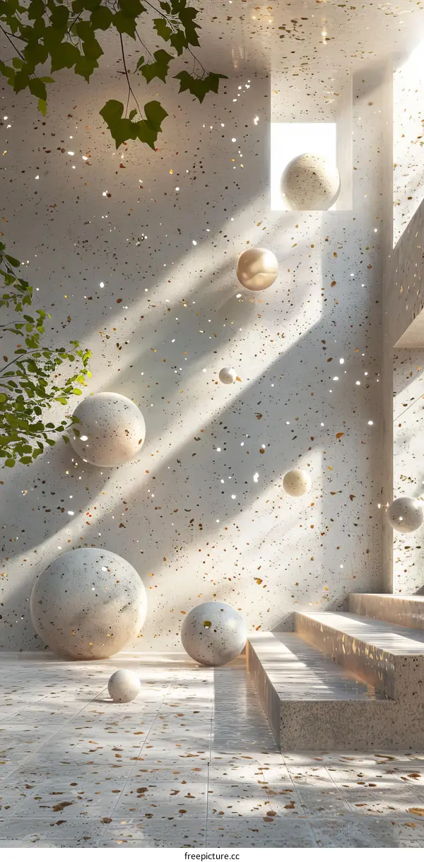 Modern Minimalist Architectural Space with Stone Balls