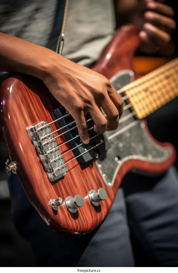 Close up of a musician playing an electric bass guitar