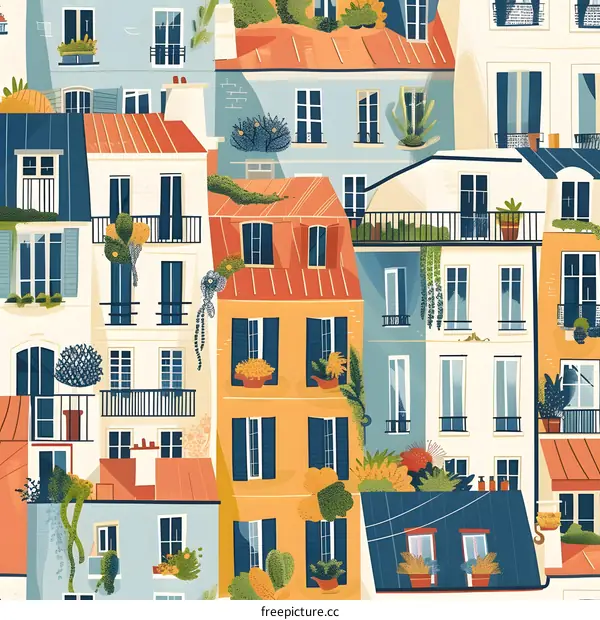 Colorful Illustration of European Architecture with Green Plants