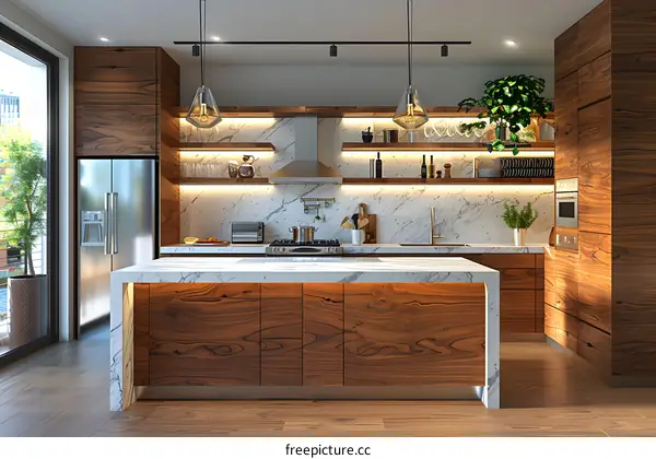Walnut wooden kitchen island with marble countertop and stainless steel appliances in luxury home